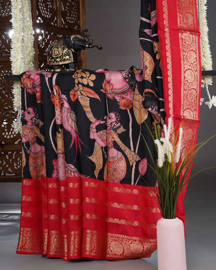 Binny crepe saree kalamkari print with golden border - Black