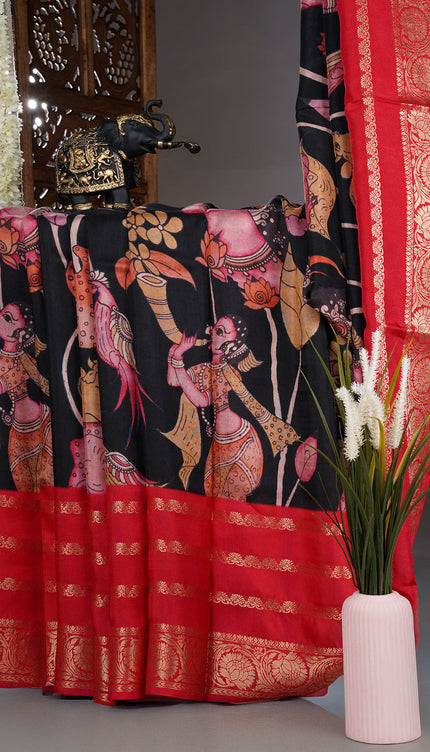 Binny crepe saree kalamkari print with golden border - Black