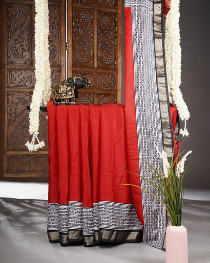 Muslin Silk Saree With Golden Zari Border With Blac & White Block Printed Pallu - Maroon