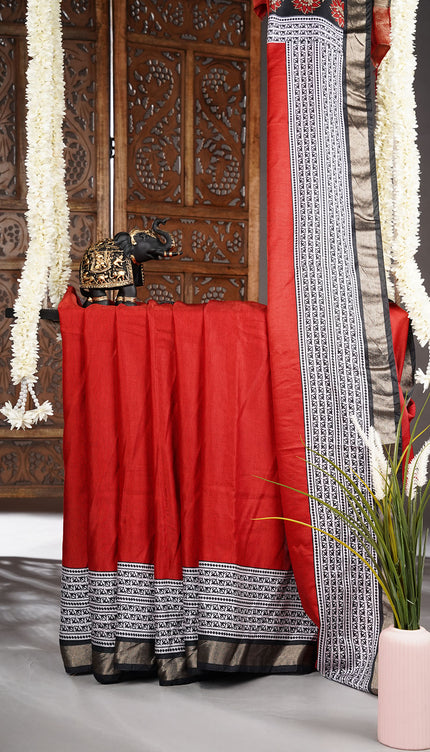 Muslin Silk Saree With Golden Zari Border With Blac & White Block Printed Pallu - Maroon