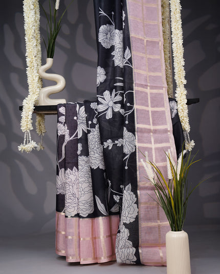 Kota Silk Saree with Floral Print and Contrast Border- Black and Pink
