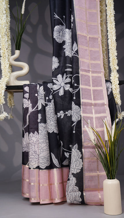 Kota Silk Saree with Floral Print and Contrast Border- Black and Pink