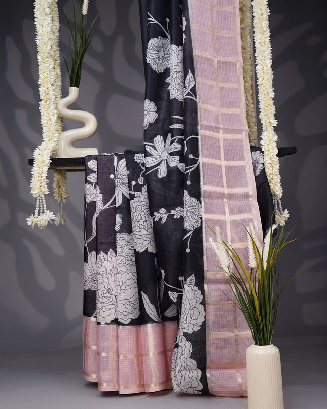 Kota Silk Saree with Floral Print and Contrast Border- Black and Peach