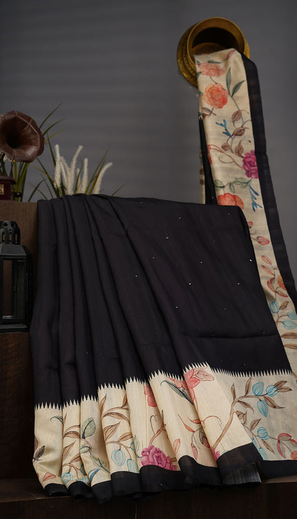 Tusser Silk Allover Mirror With Digital Print - Black