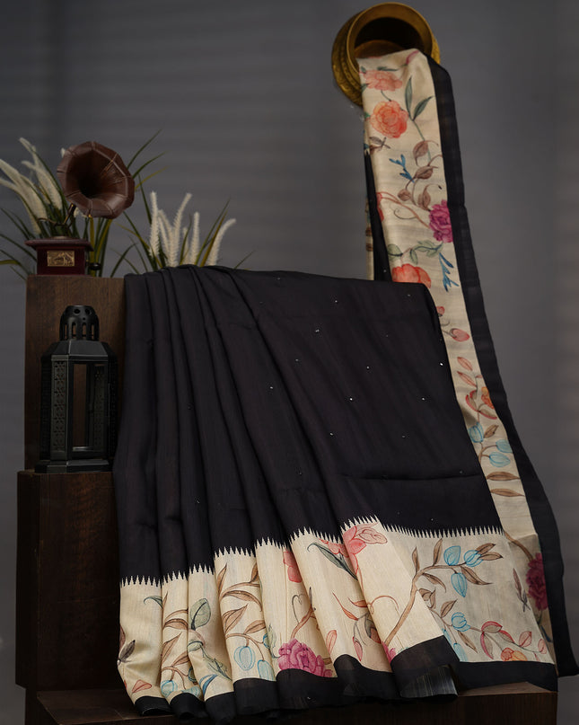 Tusser Silk Allover Mirror With Digital Print - Black