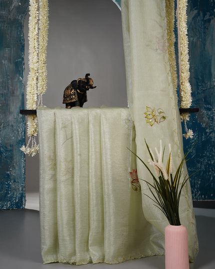 Crush tissue saree with hand painting butties and scallop border Kardana & Sequence Work - Light Green