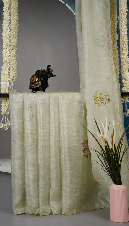 Crush tissue saree with hand painting butties and scallop border Kardana & Sequence Work - Light Green