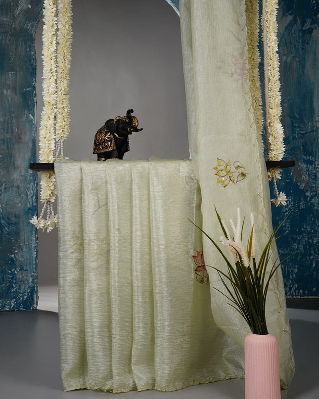 Crush tissue saree with hand painting butties and scallop border Kardana & Sequence Work - Light Green