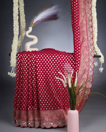 Banarasi Kaddi Georgette Saree With Gold & Silver Polka Dot With Scallop Border - Pink