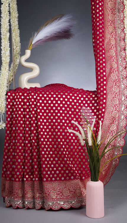 Banarasi Kaddi Georgette Saree With Gold & Silver Polka Dot With Scallop Border - Pink