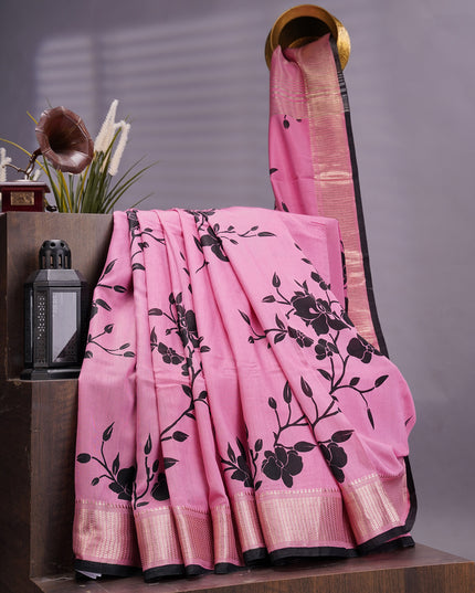 Muslin Silk Digital Print With Golden Zari Border -  Pink