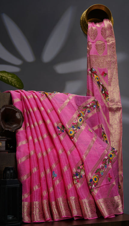 Crepe Saree with Thread Embroidery Work and Banaras Border- Pink