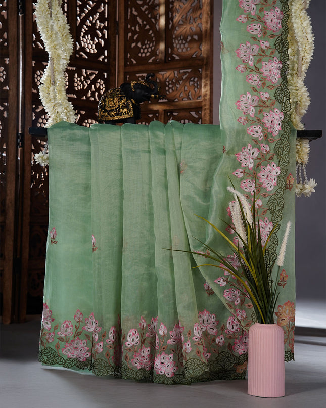 Shimmer Chandei saree with Flower thread Emborder Cut Work Design and Scallop  Border -Pista Green