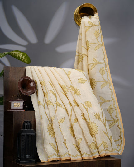 Tissue Lenin Saree with Floral Print and Thread Work- Cream and Green