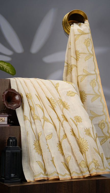 Tissue Lenin Saree with Floral Print and Thread Work- Cream and Green