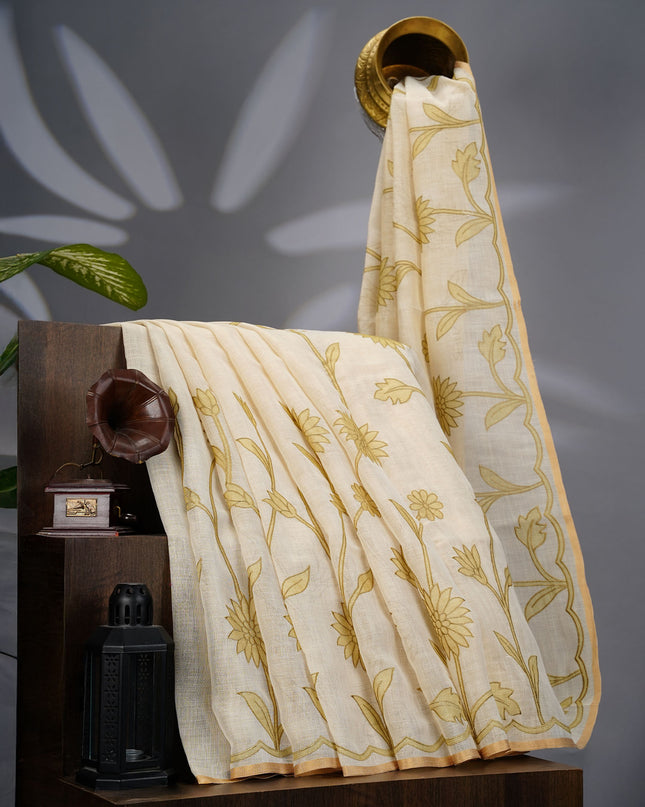 Tissue Lenin Saree with Floral Print and Thread Work- Cream and Green