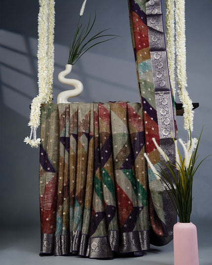 Korean Crepe Saree with Golden Butties and Golden Border- Multi Color