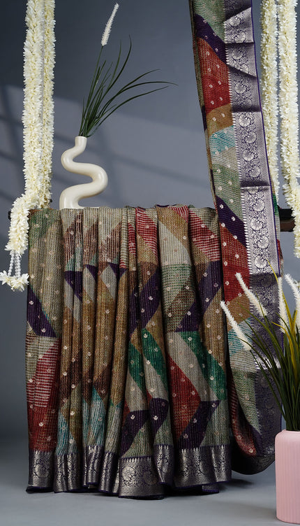 Korean Crepe Saree with Golden Butties and Golden Border- Multi Color