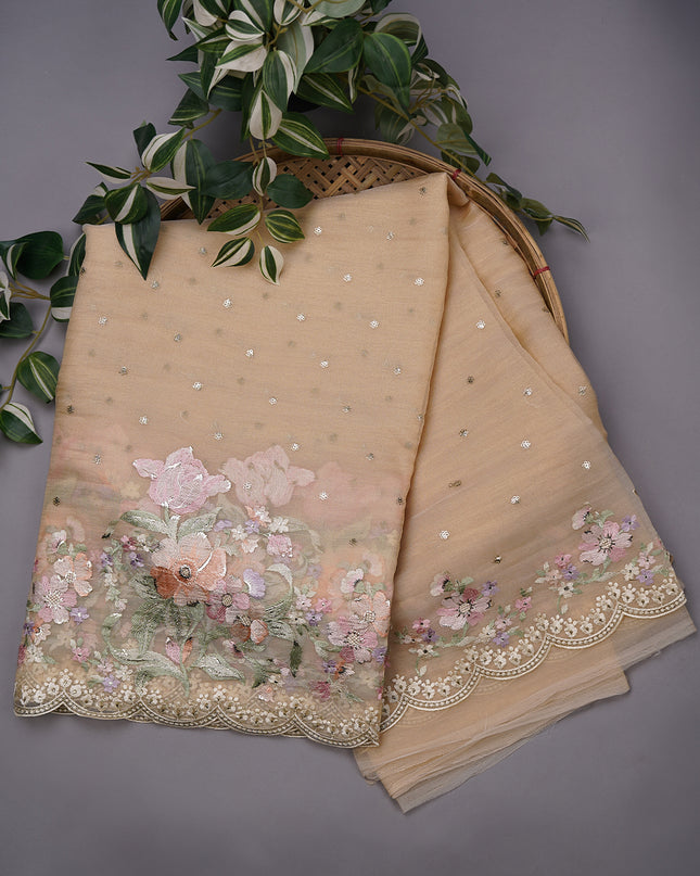 Soft Tissue Organza Silk with Thread Embroidery Scallop Border with Sequence Butties