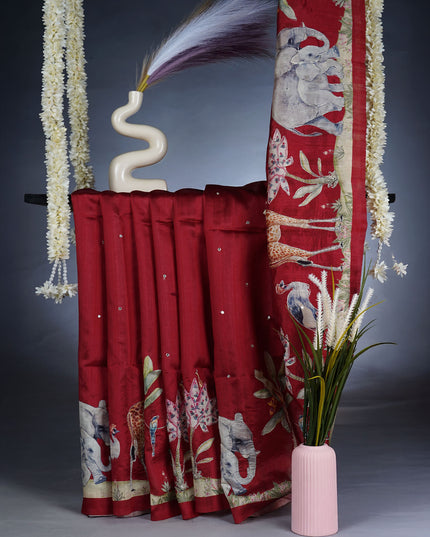 Tussar Silk Saree with Allover Mirror Work & Ari Work -  Maroon