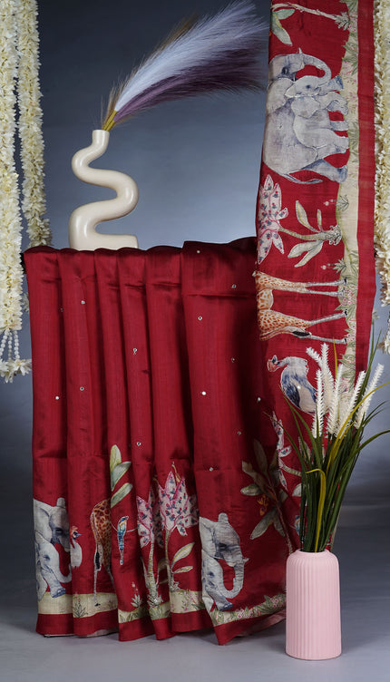 Tussar Silk Saree with Allover Mirror Work & Ari Work -  Maroon