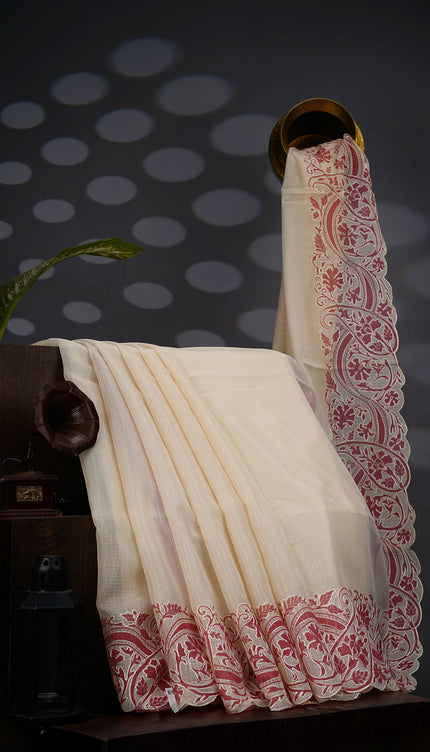 Kota Silk Saree Floral Print With Scallop Border - Cream Peach
