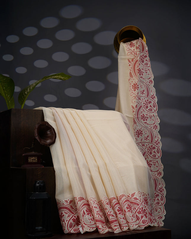 Kota Silk Saree Floral Print With Scallop Border - Cream Peach