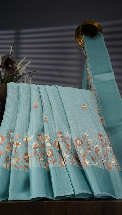 Jute Linen Sree With Thread Embroidery Butties And Satin Border - Mint Blue