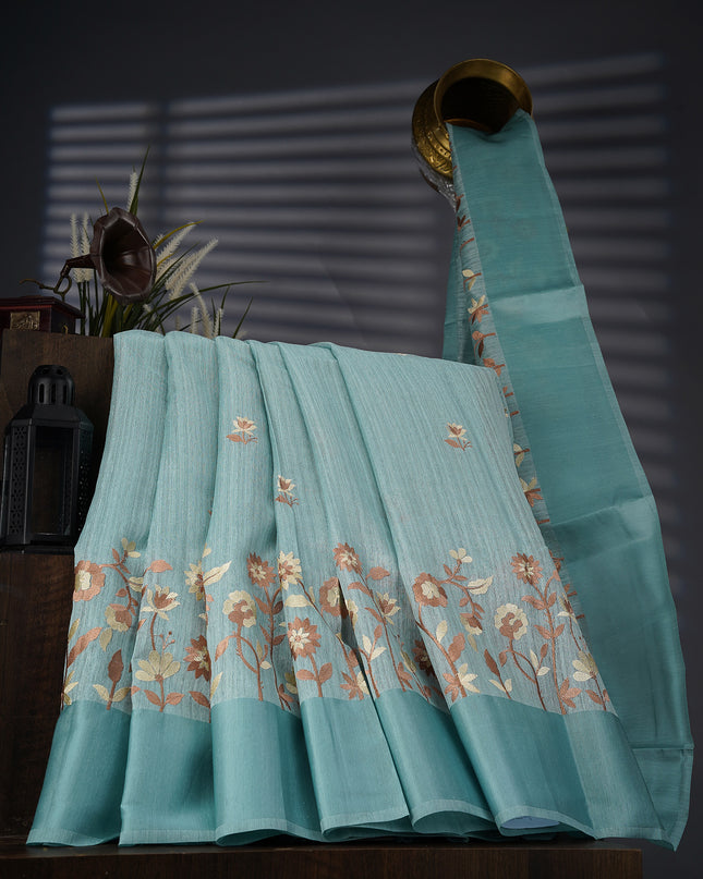 Jute Linen Sree With Thread Embroidery Butties And Satin Border - Mint Blue