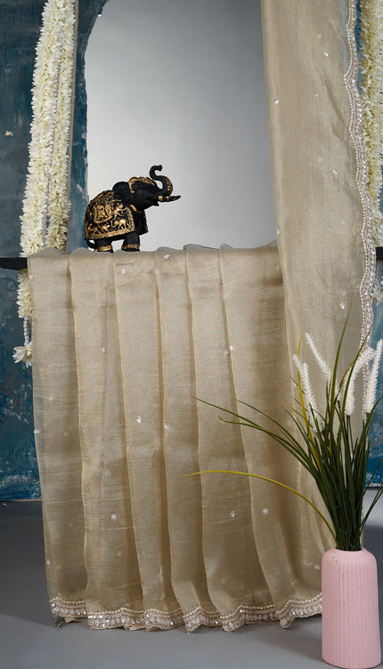 Crush tissue organza saree with sequence butties and scallop border - Beige