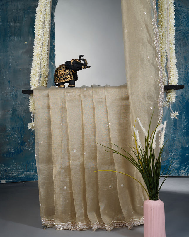 Crush tissue organza saree with sequence butties and scallop border - Beige