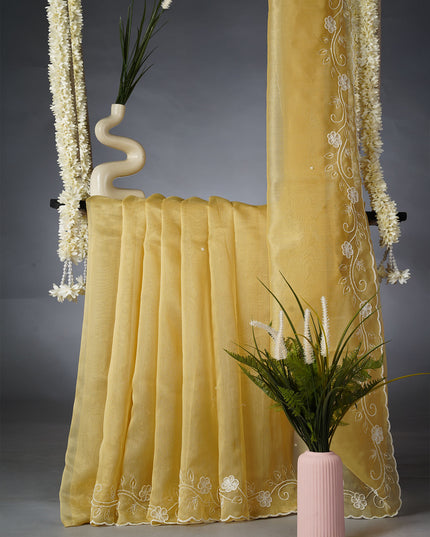 Tissue Lenin Saree and Scallop Border and Pearl work- Tan