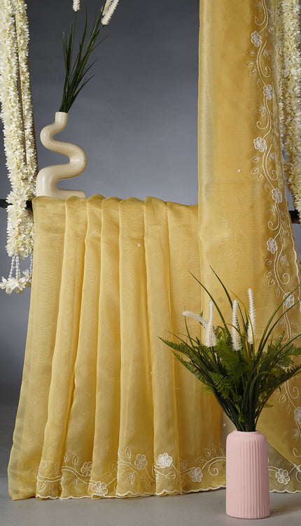 Tissue Lenin Saree and Scallop Border and Pearl work- Tan