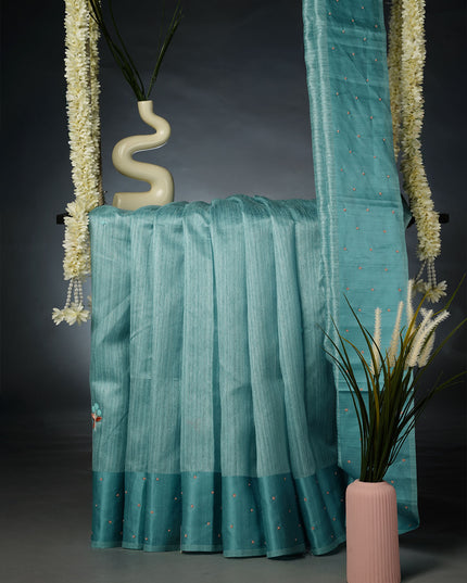 Jute Tusser Knot Work Butties with Satin Border- Mint Blue