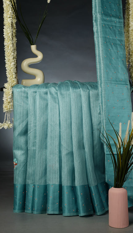 Jute Tusser Knot Work Butties with Satin Border- Mint Blue