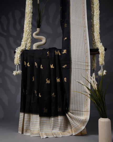 Dola Silk Saree with Golden Butties and Contrast Border- Black