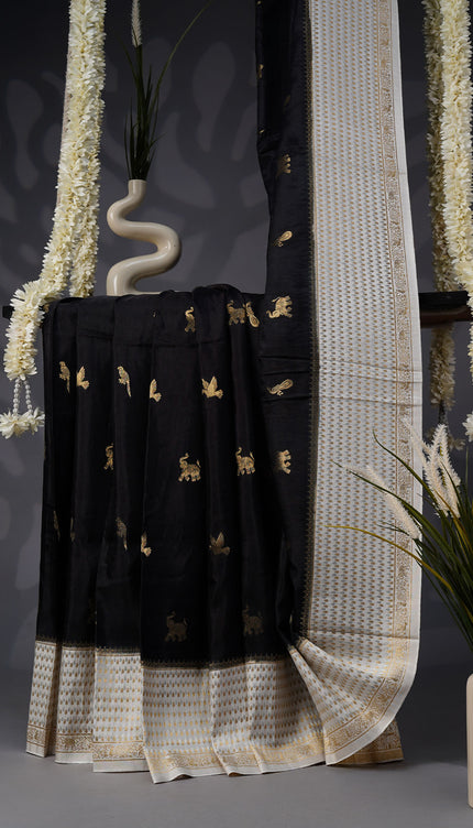 Dola Silk Saree with Golden Butties and Contrast Border- Black
