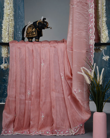 Tissue crepe saree with Embroidery butties and scallop border  - Baby Pink