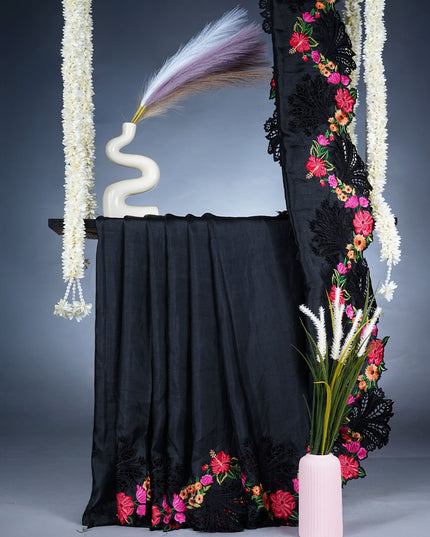 Dupion Silk Saree With Thread Work and Cut Work Border - Black