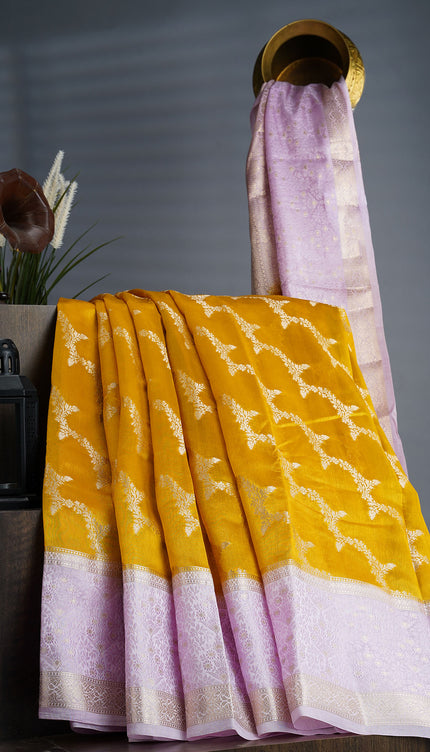 Chenderi Silk With Lehariya Weaving With Contrast Gap Border - Mustered