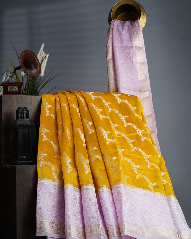 Chenderi Silk With Lehariya Weaving With Contrast Gap Border - Mustered