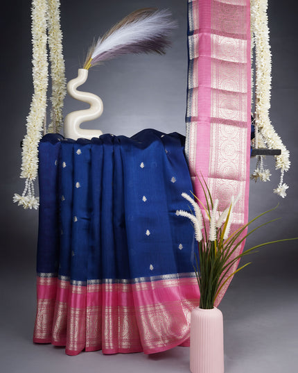 Chanderi Silk Saree With Golden Butties Contrast Border - Blue