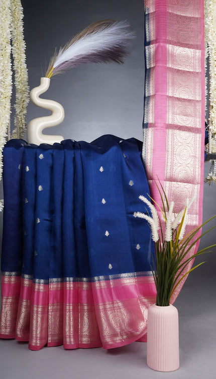 Chanderi Silk Saree With Golden Butties Contrast Border - Blue