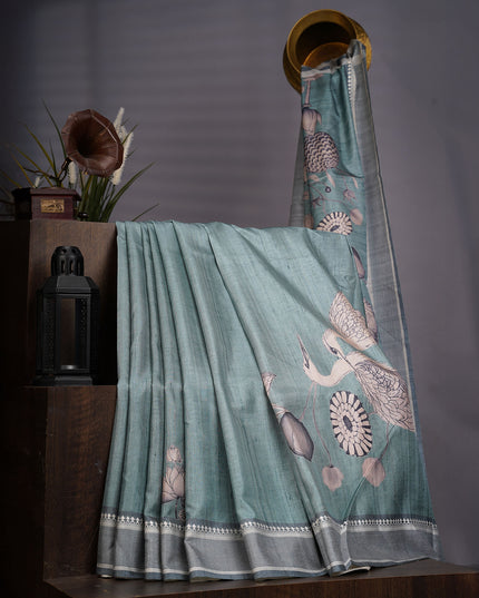 Tissue Silk With Digital Print & Thread Border - Teal Green