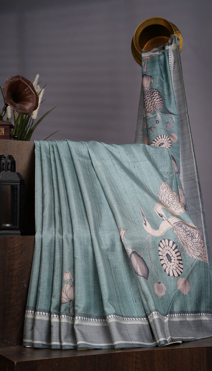 Tissue Silk With Digital Print & Thread Border - Teal Green