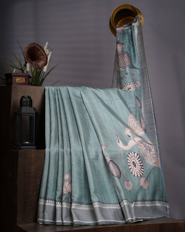 Tissue Silk With Digital Print & Thread Border - Teal Green