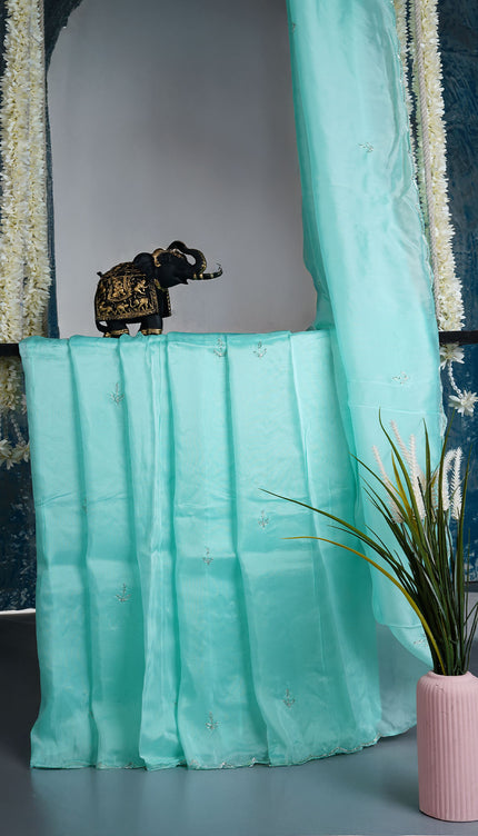 Russian silk saree with applique & Kardhana Work and scallop border - Sea Green