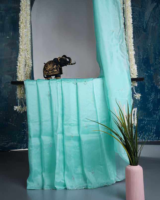 Russian silk saree with applique & Kardhana Work and scallop border - Sea Green