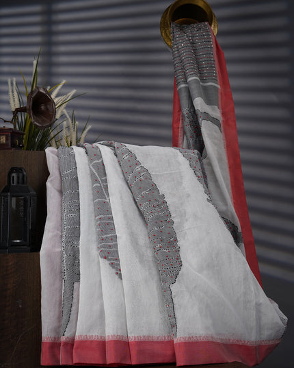 Linen Silk With Knot Work And Cotton Border - Grey