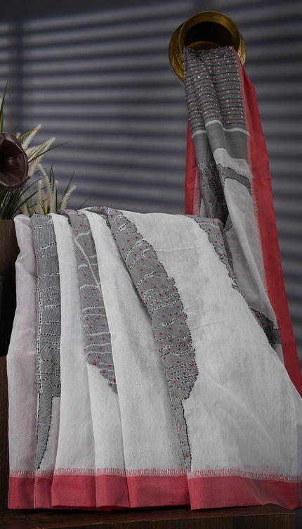 Linen Silk With Knot Work And Cotton Border - Grey